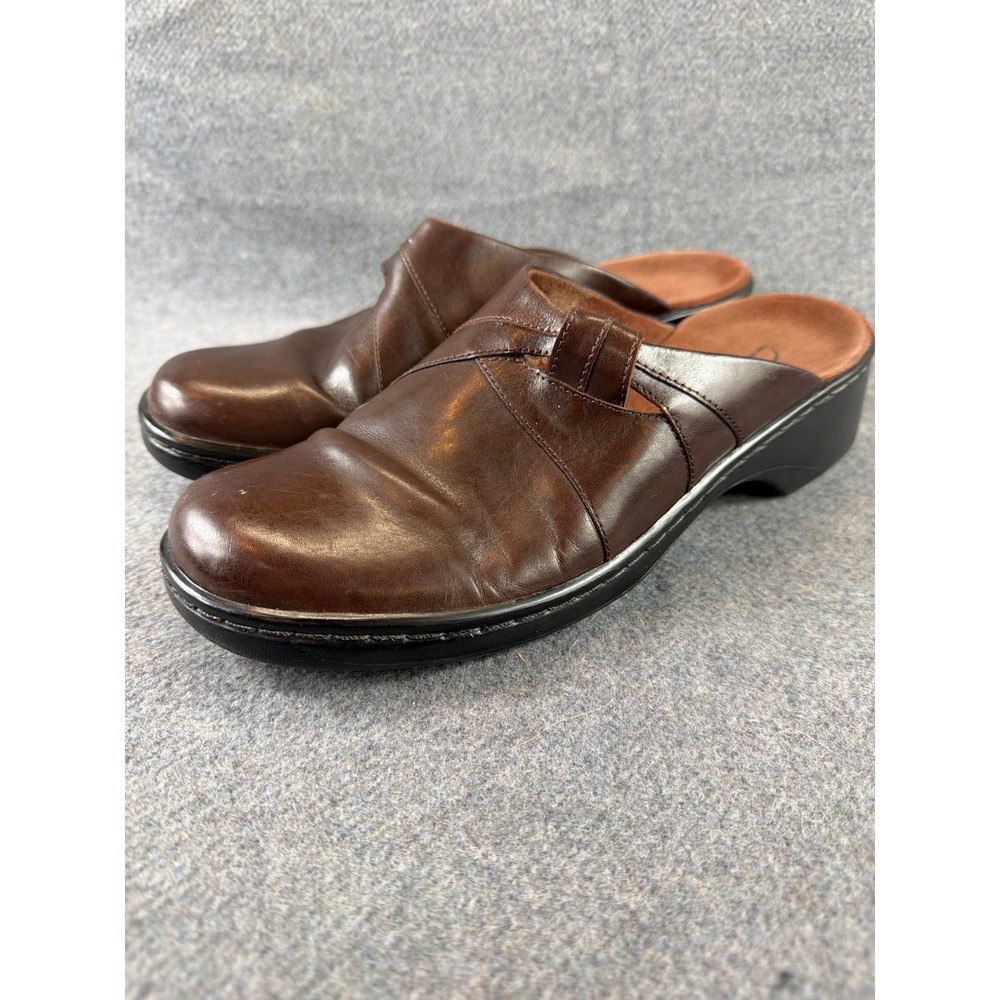 Clarks Leather Mules Women 8M Brown Wedge Slip On Loafers 38667 Comfort Shoes